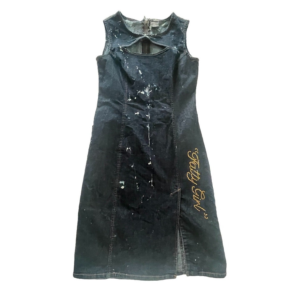 VTG Fubu Womens Fatty Girl Denim Gold Sequin Paint Splatter Dress Size 11/12